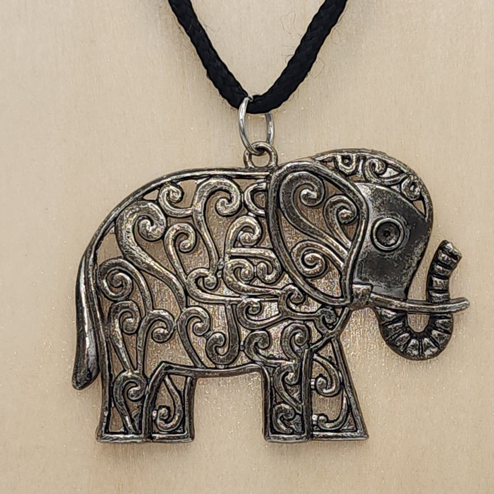 Silvertone Filigree Scroll Elephant Pendant Cord Necklace